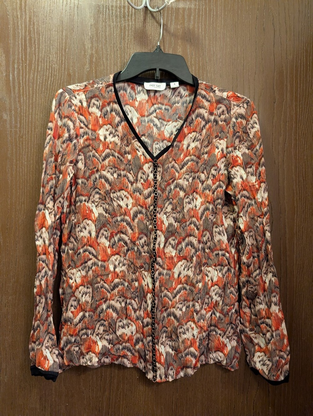 Perse By Carlisle Long Sleeve Multicolor V-neck Sz-4 Blouse Silk Blend
